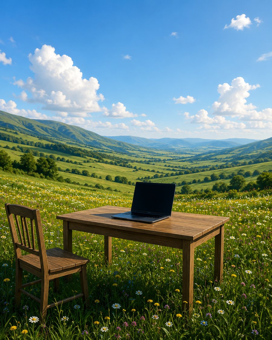 A desk and laptop in a green meadow, work anywhere, offline