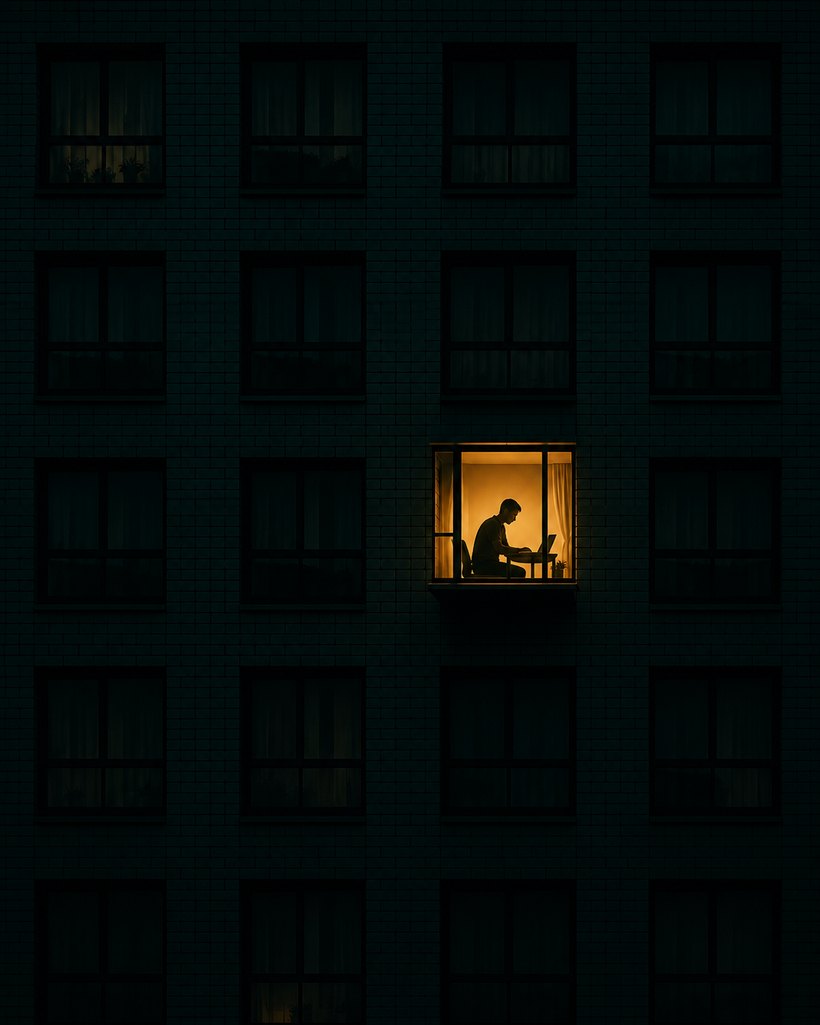 A researcher working late at night, the only lit window